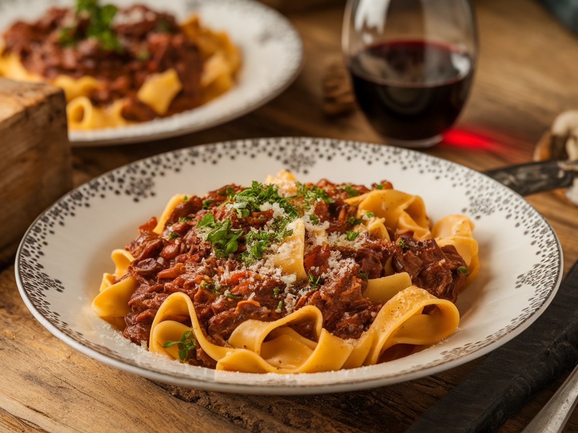 A plate of pappardelle al cinghiale with wild boar ragu, garnished with parsley and Parmesan on a rustic table.